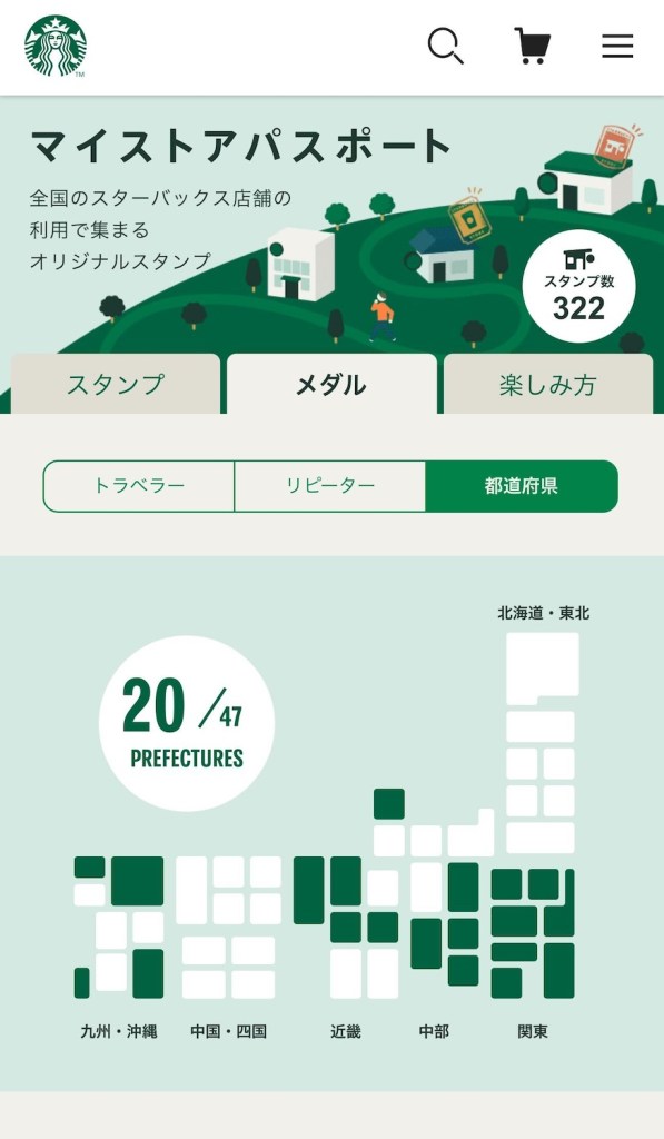 スターバックスのマイストアパスポート画面の都道府県メダル収集状況。47都道府県中20県分のスタンプを獲得済みで、日本地図上で獲得した県が緑色、未獲得の県が白色で表示されている。
